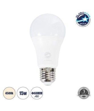 GLOBOSTAR® GLOBE 60034 Λάμπα E27 A60 LED 15W 1455lm 260° AC 220-240V IP20 Φυσικό Λευκό 4500K - Lumileds SMD Chip - Λευκό Γαλακτερό - Μ6 x Π6 x Υ11.9cm - 3 Χρόνια Εγγύηση